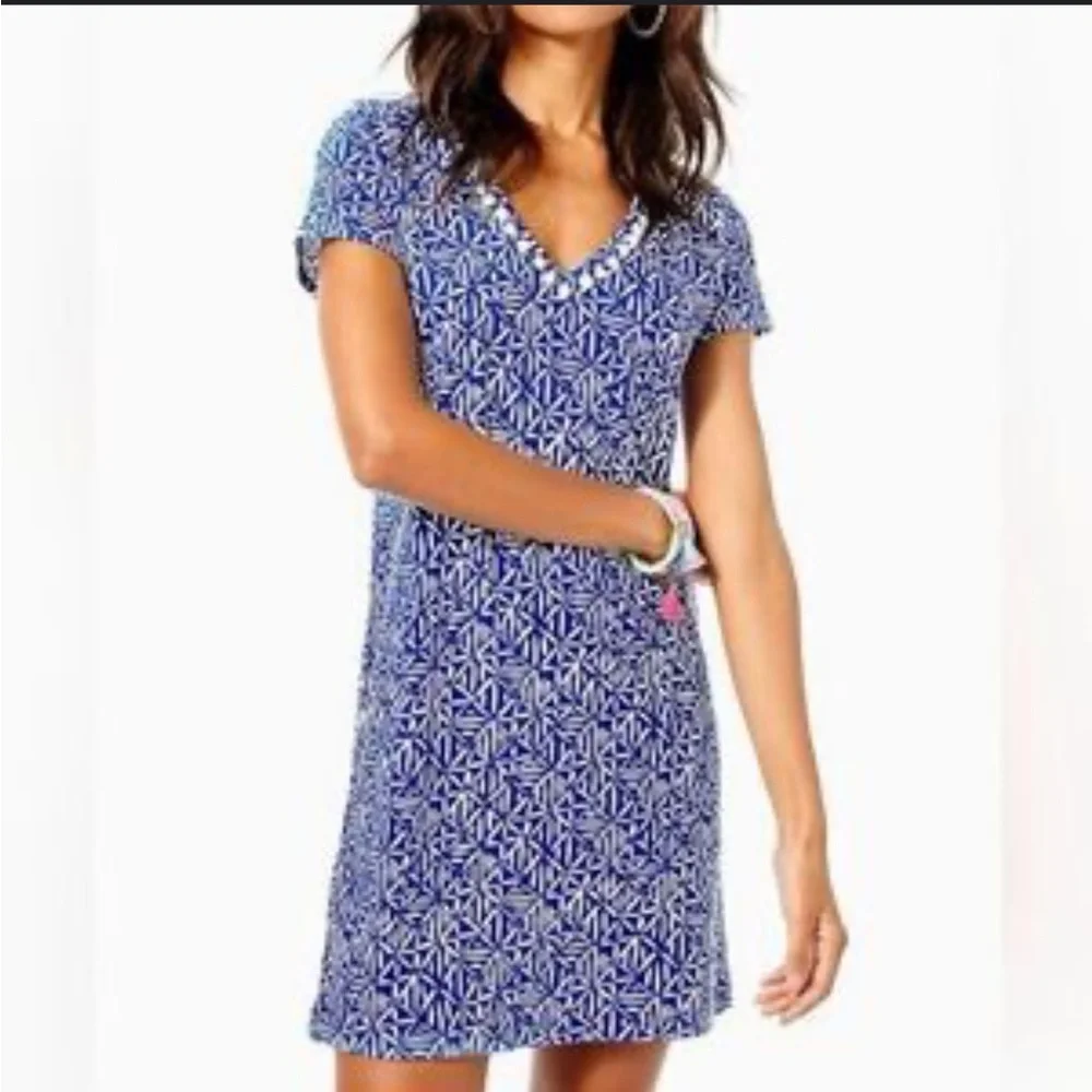 LILLY PULITZER ETTA CORSICA BLUE EASY PEASY White Pima Cotton POM POM DRESS M - Picture 7 of 10